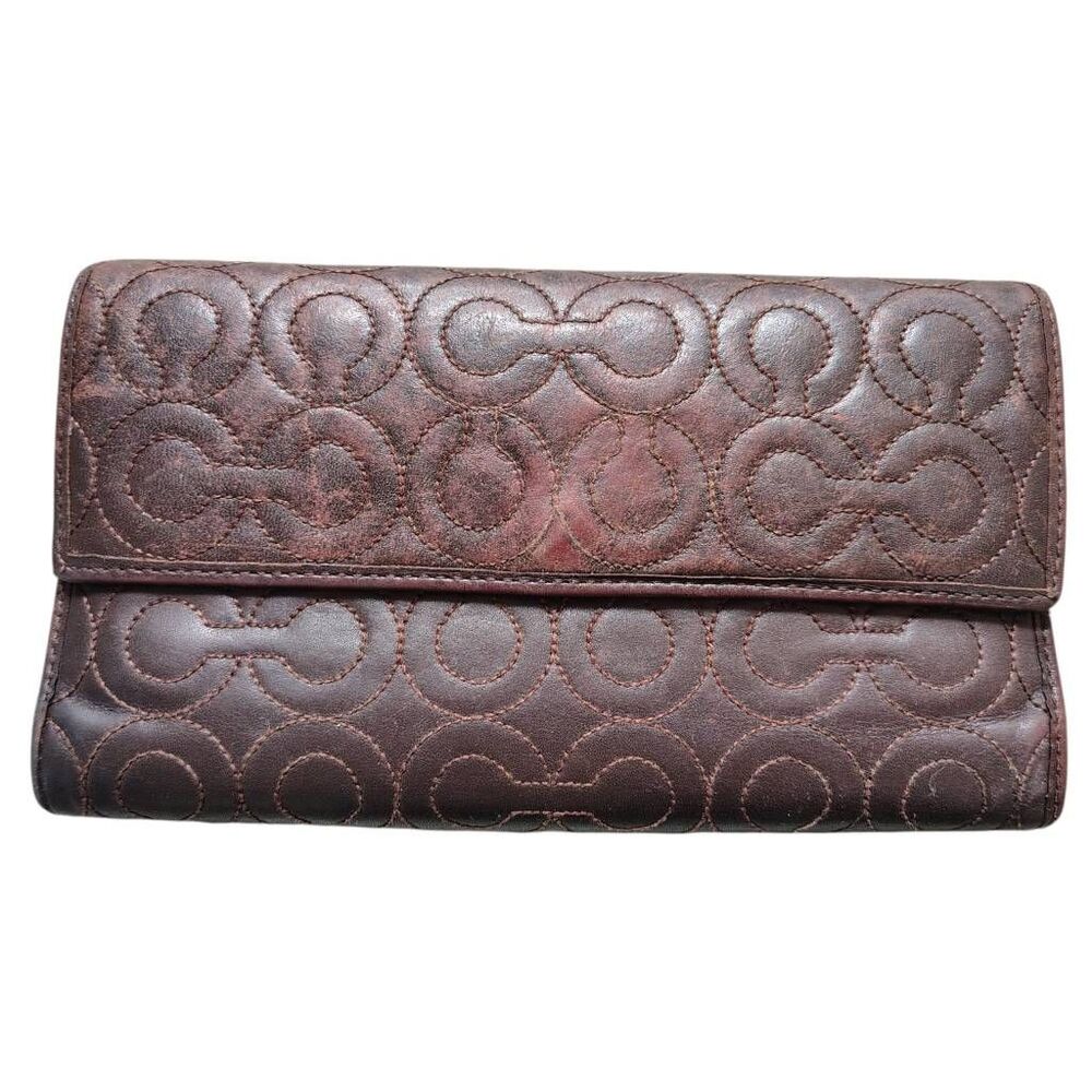 Authentic Coach quilted signature leather trifold wallet in rich brown with a so